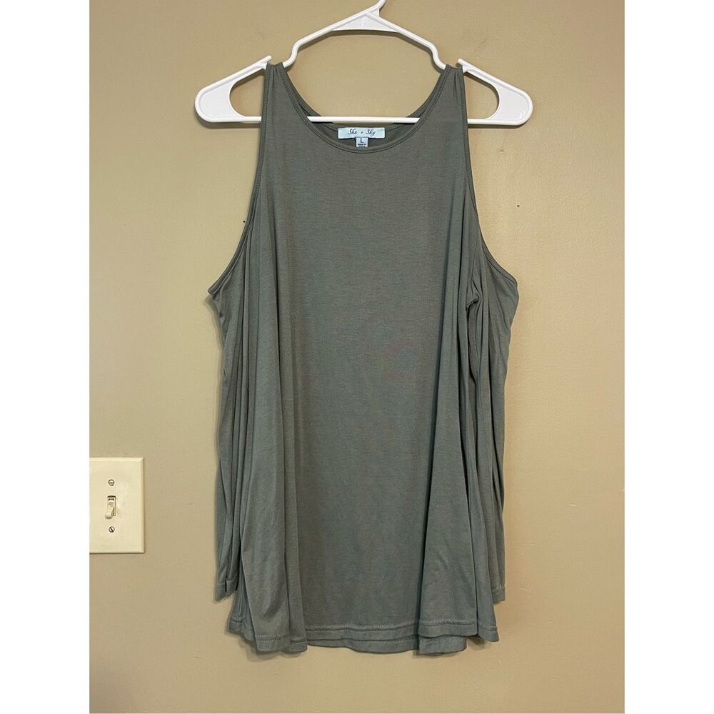 She + Sky Womens Sage Green Cold Shoulder Cotton Blend Long Sleeve Shirt Large